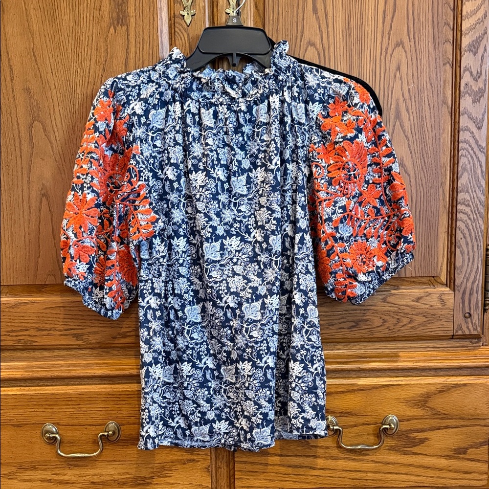 THML Floral Puff Sleeve Top - Blue and Orange